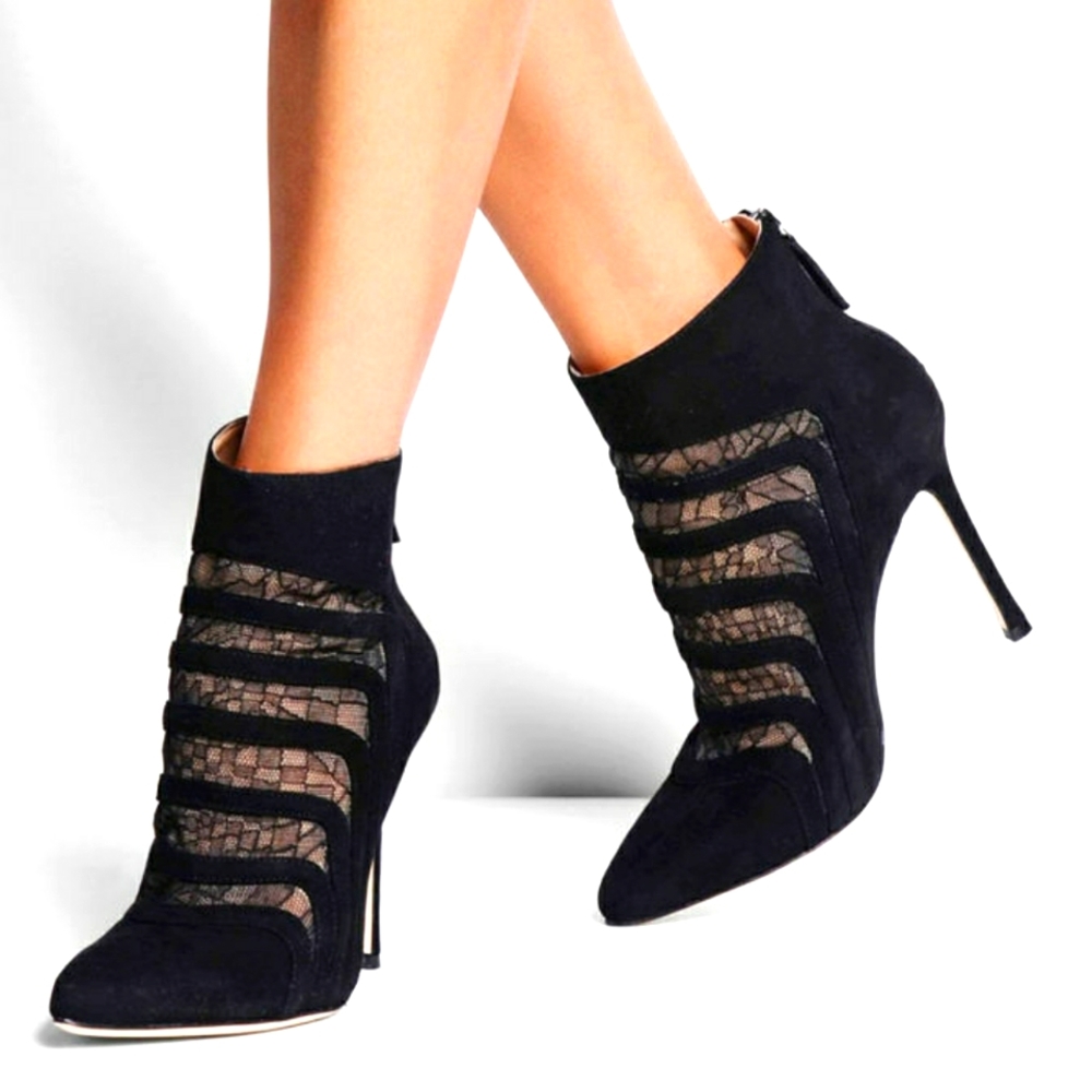Black Lace-Strap Stiletto Ankle Boots